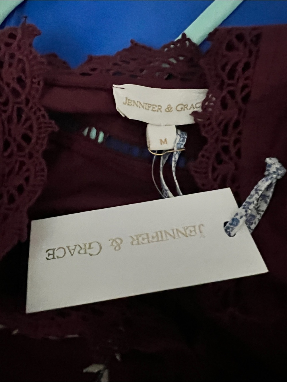 Embroidered Burgundy Women's Blouse with Lace Trim - Picture 2 of 10